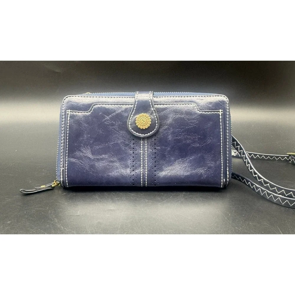 S Zone Blue Vegan Leather Crossbody Wallet Phone Bag Floral Button NEW